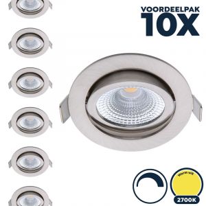 Voordeelpak 10x Dimbare led inbouwspot RVS 2700K/warm wit, kleine inbouwdiepte, IP54