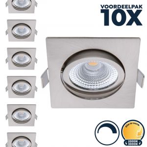 Voordeelpak 10x Dimbare led inbouwspot RVS, vierkant, dim to warm, kleine inbouwdiepte, IP54