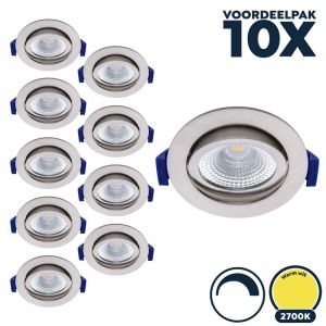 Voordeelpak 10x Dimbare led inbouwspot RVS 2700K/warm wit, kleine inbouwdiepte, IP54
