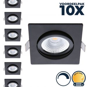 Voordeelpak 10x Dimbare led inbouwspot zwart, vierkant, dim to warm, kleine inbouwdiepte, IP54