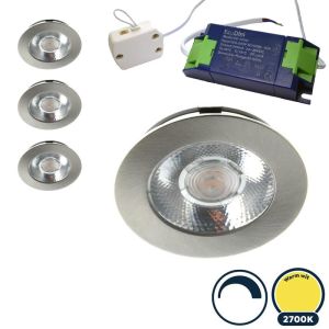 4x Led meubelspot dimbaar, ondiepe inbouw, IP54, extra warm wit, RVS/nikkel, incl. trafo