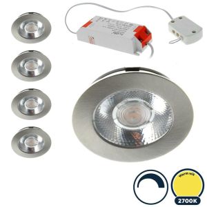 5x Led meubelspot dimbaar, ondiepe inbouw, IP54, extra warm wit, RVS/nikkel, incl. trafo
