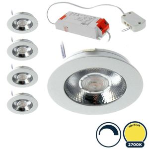 5x Led meubelspot dimbaar, ondiepe inbouw, IP54, extra warm wit, wit, incl. trafo