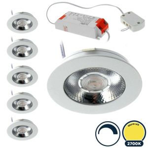 6x Led meubelspot dimbaar, ondiepe inbouw, IP54, extra warm wit, wit, incl. trafo