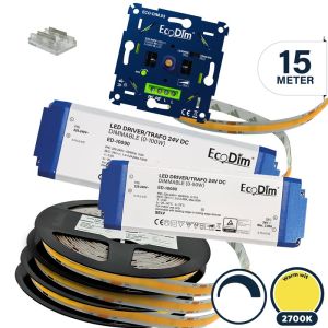 Led strip 15 meter warm wit dimbaar, COB | Led strip incl. voeding en inbouwdimmer