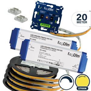 Led strip 20 meter warm wit dimbaar, COB | Led strip incl. voeding en inbouwdimmer
