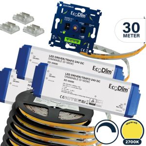Led strip 30 meter warm wit dimbaar, COB | Led strip incl. voeding en inbouwdimmer