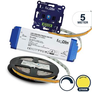 Led strip 5 meter warm wit dimbaar, COB | Led strip incl. voeding en inbouwdimmer